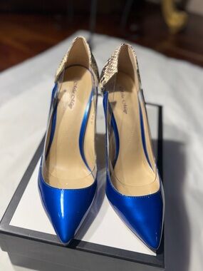 Blue Pointed-Toe Pumps with Snake-Print Heel by Sam Edelman